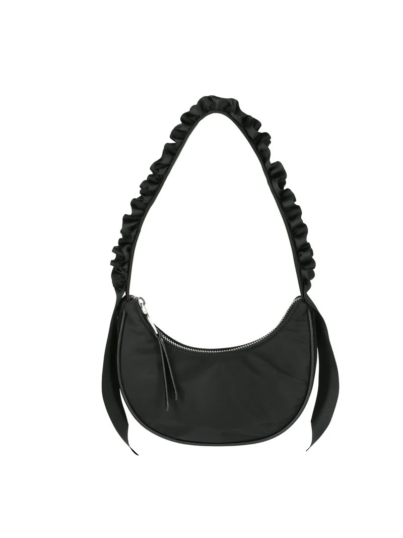 Madden NYC Women's Ruffled Ribbon Half Moon Nylon Handbag, Black - Walmart.com | Walmart (US)