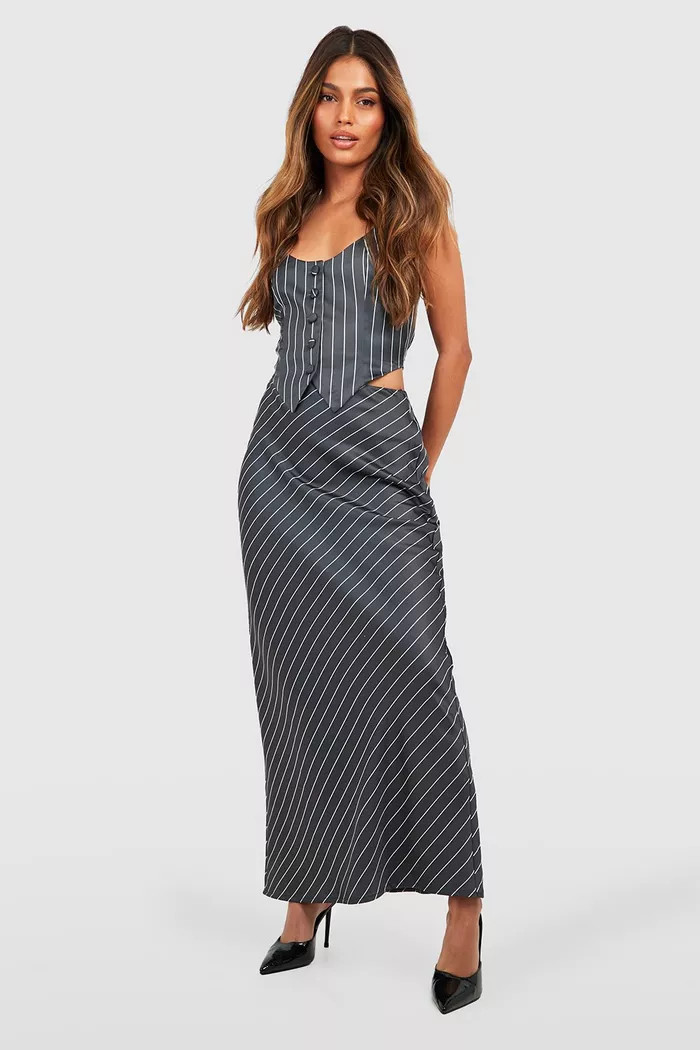 Satin Pinstripe Mid Rise Maxi Skirt | Boohoo.com (UK & IE)