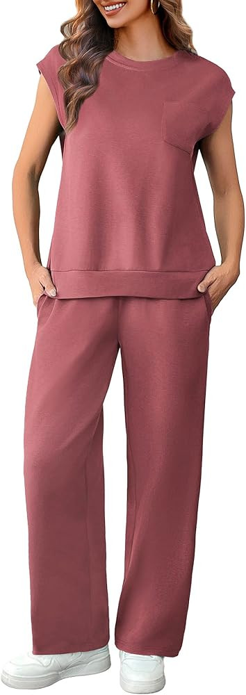 PINSPARK 2 Piece Sets for Women Summer Lounge Set Cap Sleeves Sweatsuit Cropped Wide Leg Pants 20... | Amazon (US)