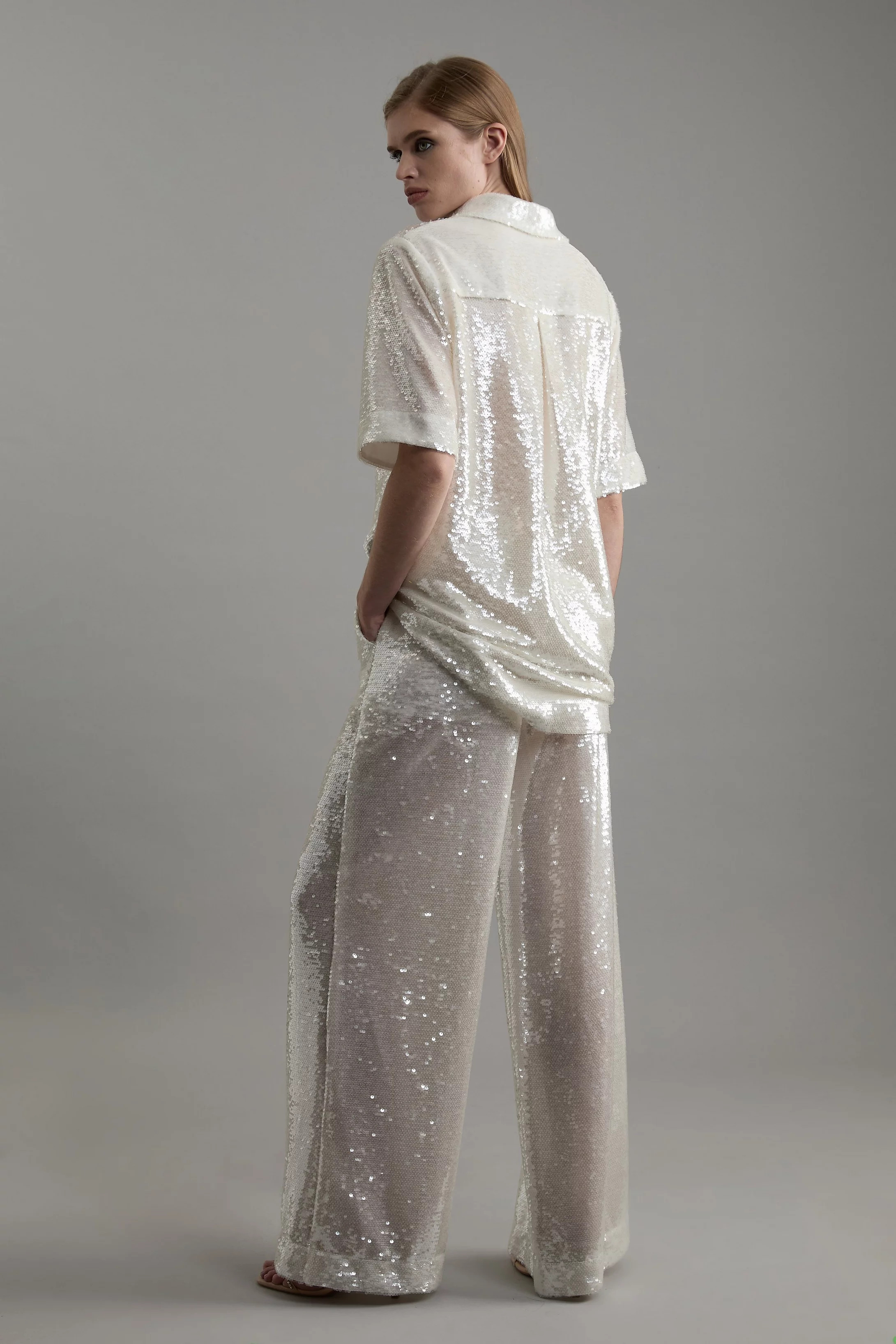 Tall Sequin Woven Wide Leg Trouser | Karen Millen | Karen Millen UK + IE + DE + NL