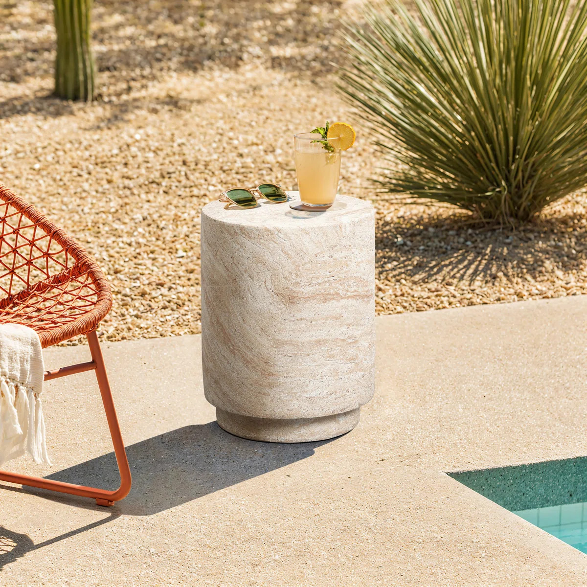 Faux Travertine MgO Patio Side Table, Sculptural Outdoor Accent Table | Wayfair North America