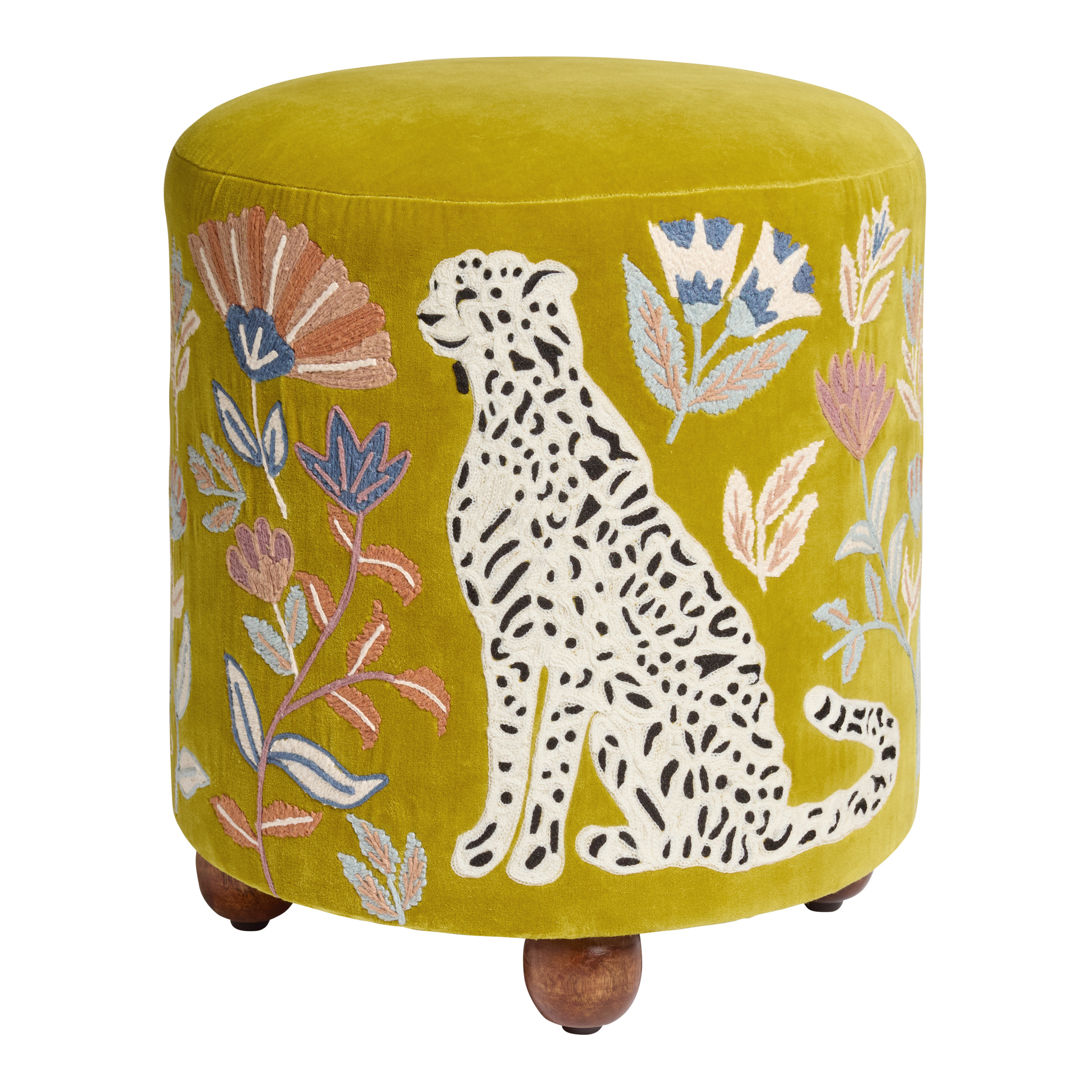 Samira Ochre Velvet Embroidered Leopard Floral Ottoman | World Market