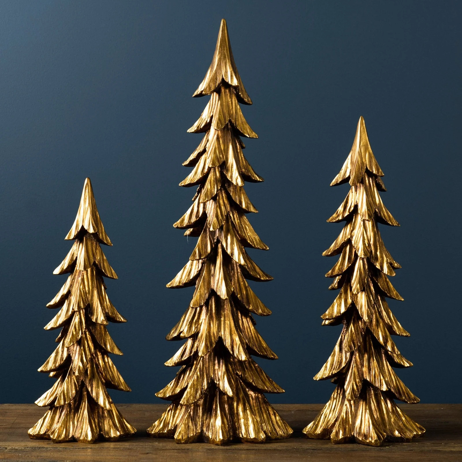 Carved Stone Pine Tree Décor with Gold Finish, Set of 3 | Pier 1