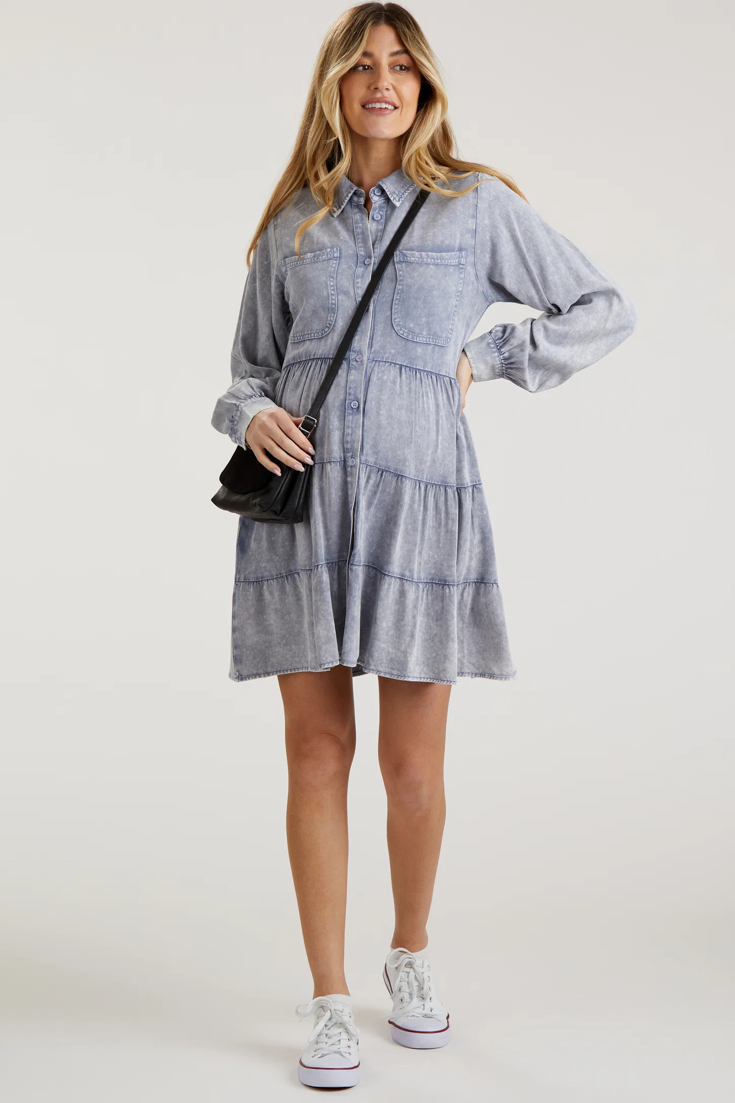 Blue Button Down Tiered Long Sleeve Maternity Dress | PinkBlush Maternity