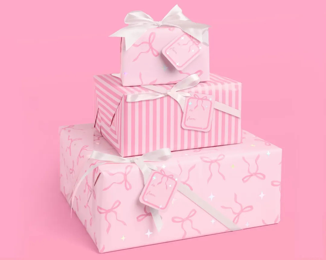 Xo, Fetti Pink Bows and Stripes Wrapping Paper Tag Set 12 Sheets Girly Birthday Gift Wrap, Christ... | Etsy (US)