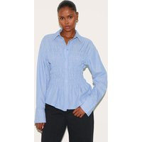 Blue Shirred Striped Fitted Shirt | PrettyLittleThing US