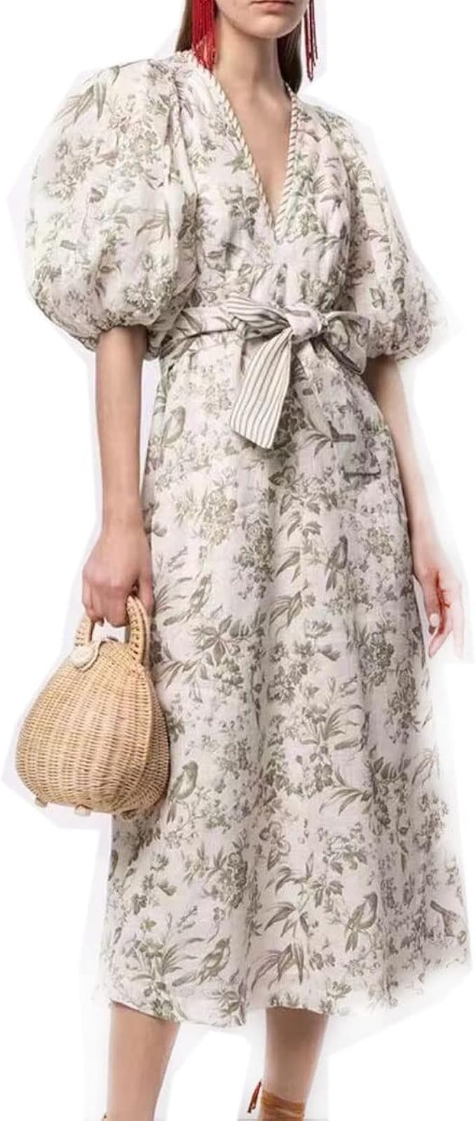 Aofur Summer Cotton V Neck Long Losse Sleeve Casual Party A-Line Dresses Embroidery Short Dress | Amazon (US)