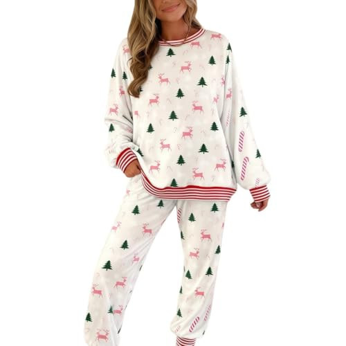 PDITL Christmas Trees and Bows Pajama Set, Womens' Christmas Pajamas, Cute Bow & Tree Holiday Pjs, Cozy Winter Sleepwear | Amazon (US)