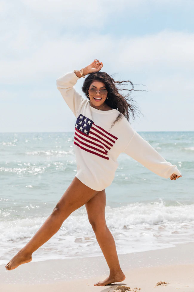Home Of The Free Ivory Textured Flag Sweater | Pink Lily