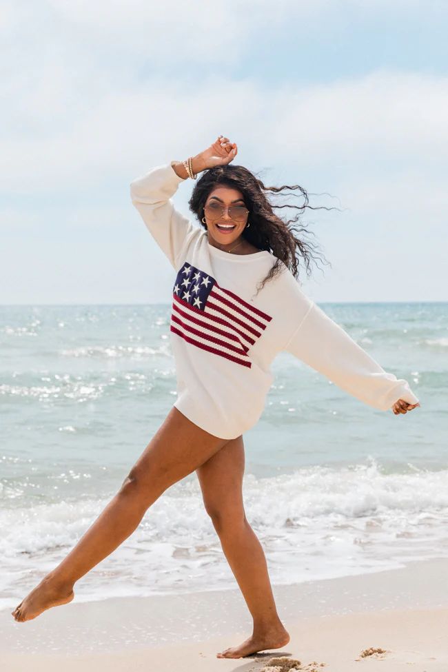 Home Of The Free Ivory Textured Flag Sweater SALE | Pink Lily