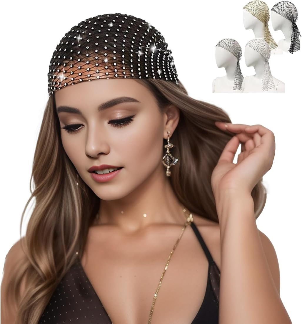 Munyee Hua Women Bling Rhinestone Head Scarf Elastic Cap Turban Hat Disco Headband Crystal Mesh C... | Amazon (US)