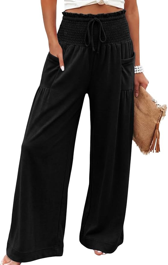 Athlisan Womens Baggy Wide Leg Palazzo Pants Casual Boho Smocked High Waist Lounge Trousers Beach... | Amazon (US)