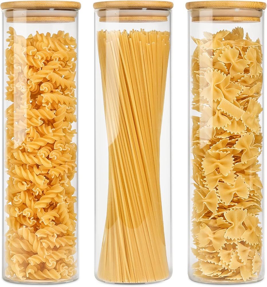 KTMAMA Glass Spaghetti Pasta Storage Container with Lid 47oz, Tall Clear Airtight Food Storage Ja... | Amazon (US)