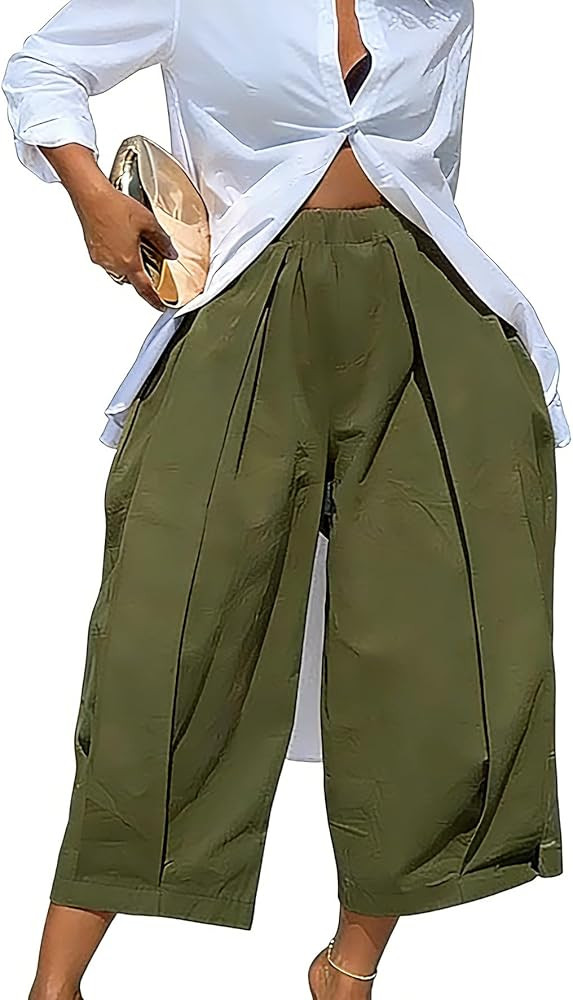 Women High Waisted Pants Wide Leg Cropped Palazzo Pants Baggy Fit Casual Trousers Pockets Elastic... | Amazon (US)