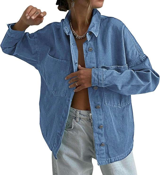 Tankaneo Womens Oversized Denim Shirt Jacket Button Down Long Sleeve Fall Casual Jean Shackets | Amazon (US)