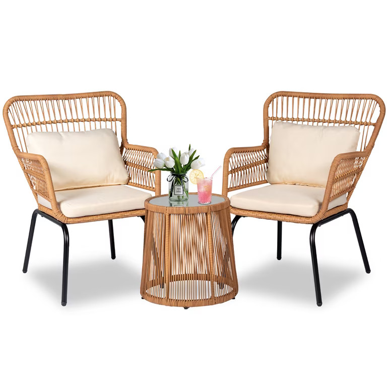Tappio 3-Piece Patio Conversation Bistro Set Rattan Furniture, Outdoor Patio Set w/Glass Top Tabl... | Walmart (US)