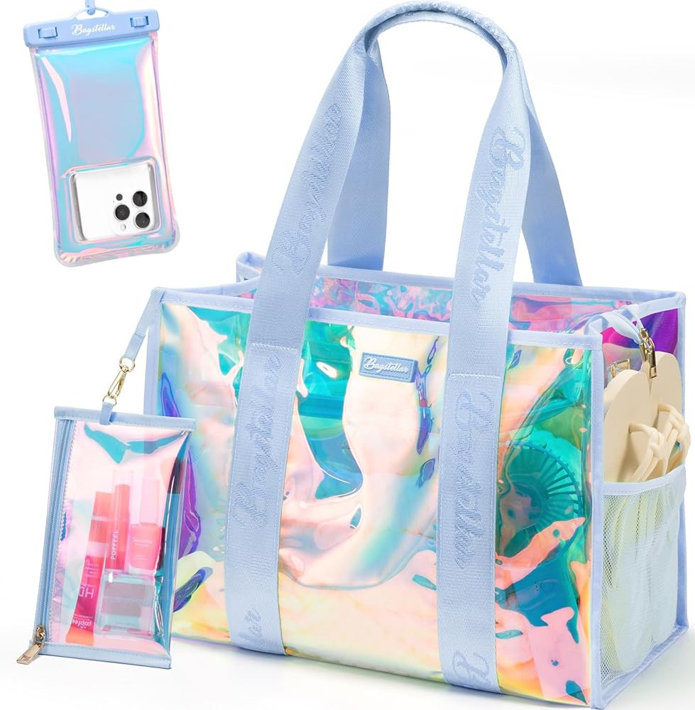 Iridescent Beach Tote Bags for Women, Large Zipper Beach Pool Swim Bag with Makeup Bag & Waterpro... | Amazon (US)
