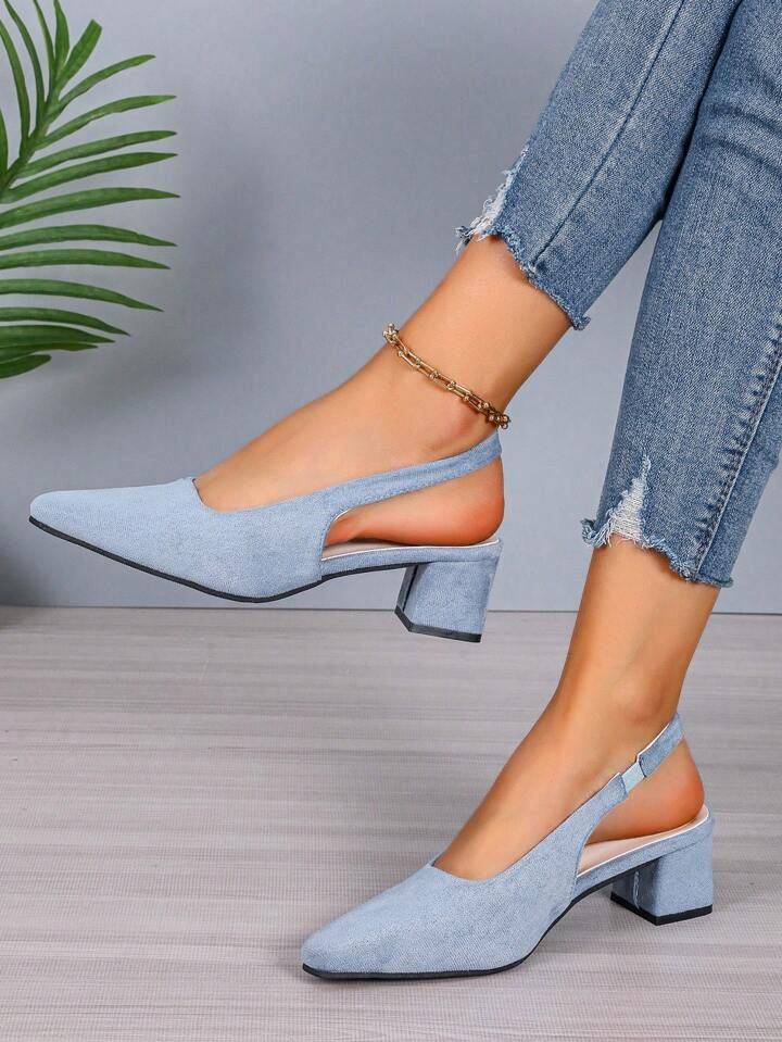 Women Plus Size High Heels, Sexy Chunky Heels Blue Sandals With Rhinestone Buckle, For Night Club... | SHEIN