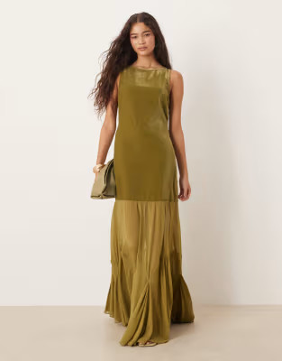 ASOS DESIGN drop waist velvet maxi dress with sheer godet skirt in olive | ASOS (Global)