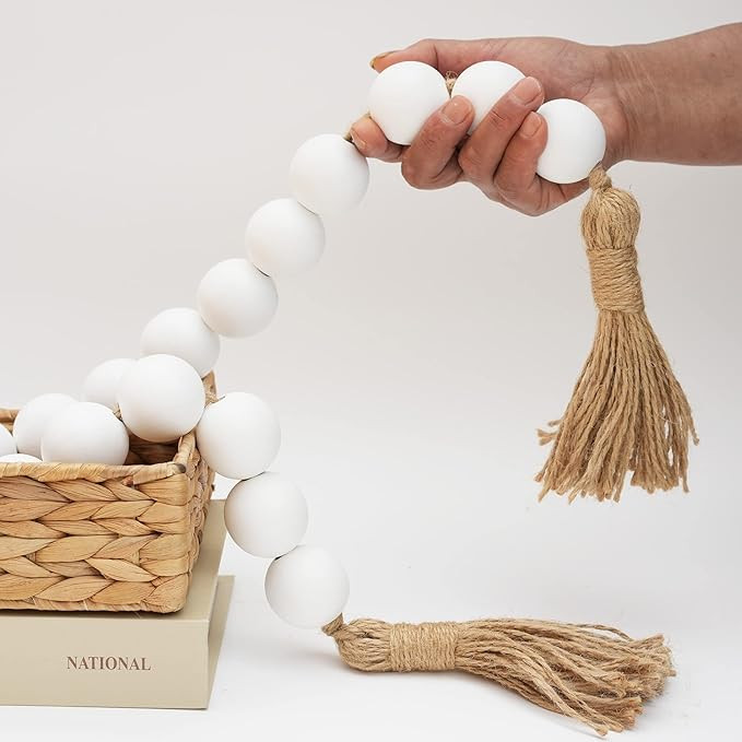 RUIRUICO Extra Large White Wood Bead Garland with 1.6" Diameter Wooden Beads, 41" Long Wooden Bea... | Amazon (US)