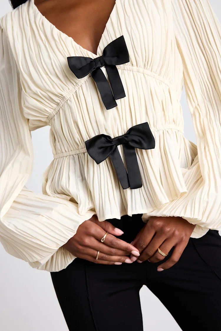 Yvetta Cream Plisse Balloon Sleeve Bow Top | Lulus