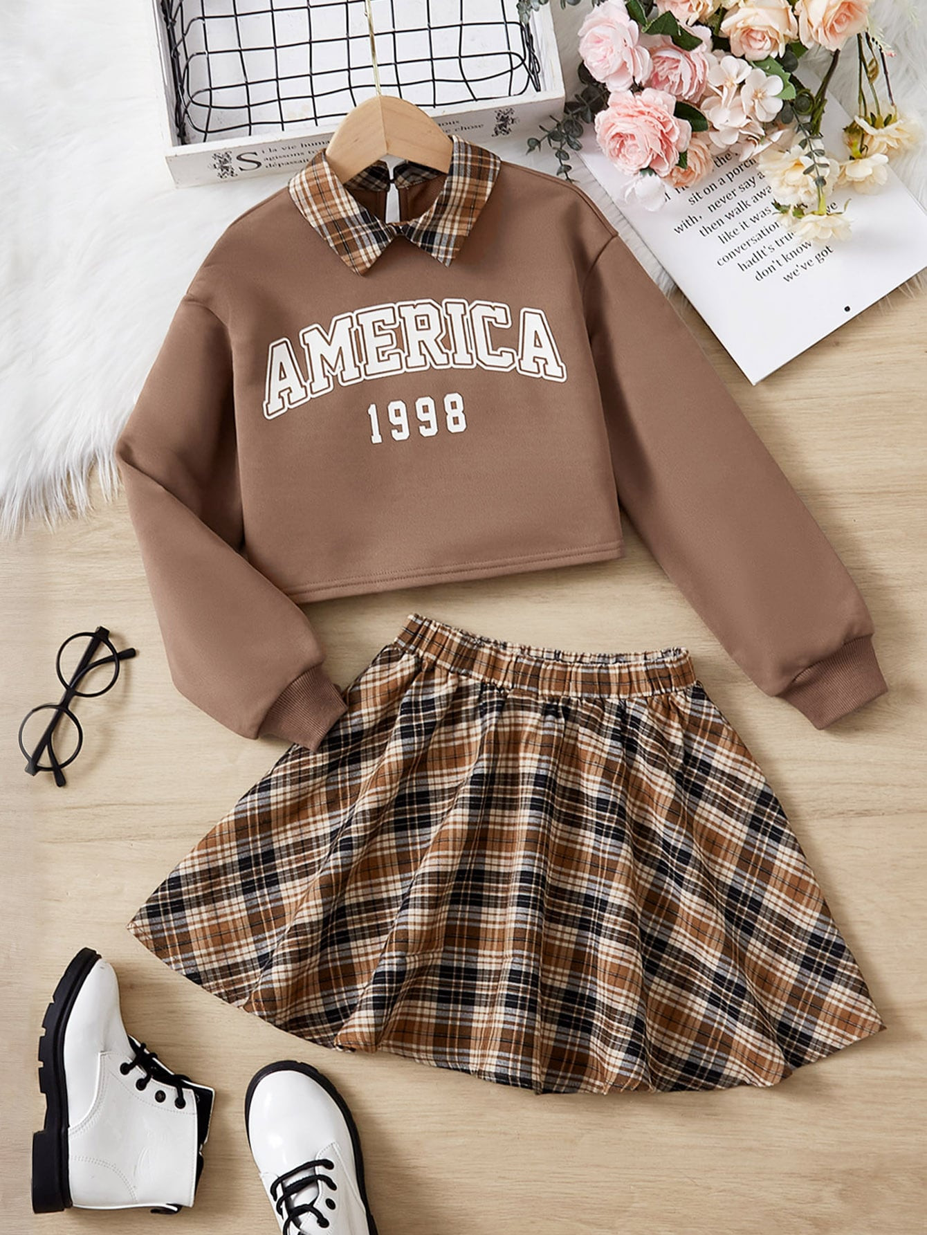 SHEIN Kids EVRYDAY Girls Letter Graphic Drop Shoulder Sweatshirt & Tartan Skirt | SHEIN