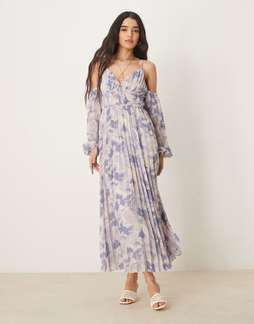 ASOS DESIGN plunge off the shoulder pleated midaxi dress in floral print-Multi | ASOS (Global)