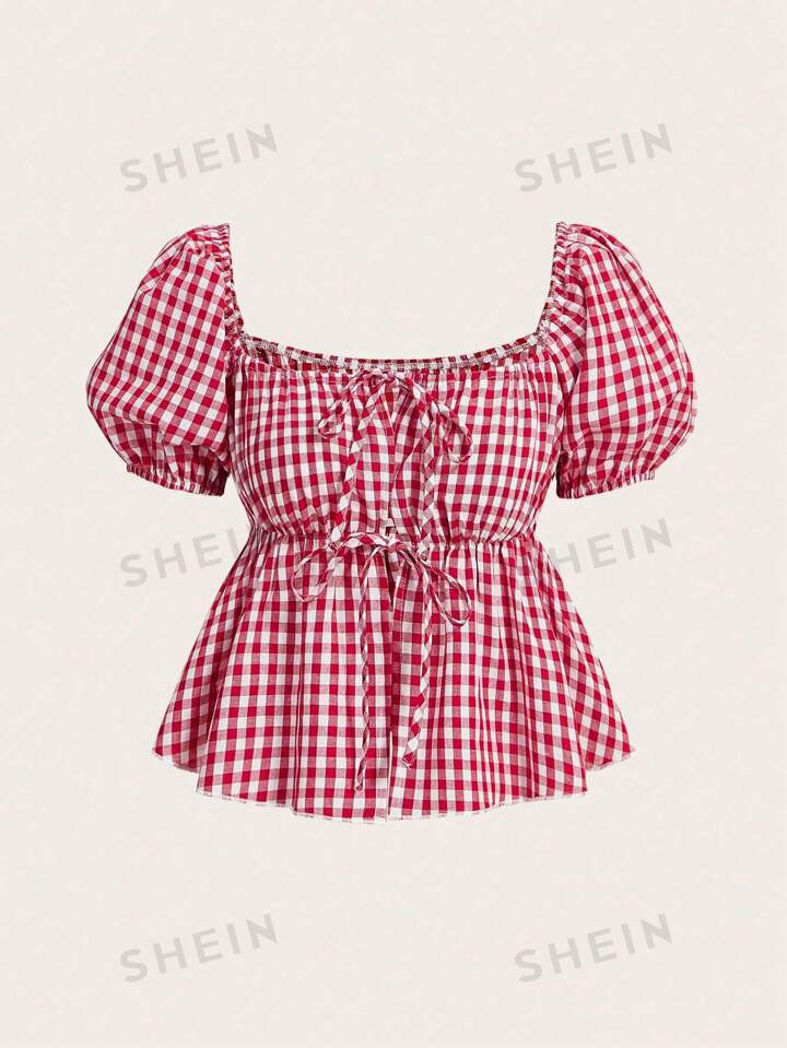 SHEIN MOD Plus Size Red Plaid Flowy Shirt With Puff Sleeves And Bow Tie For Women | SHEIN