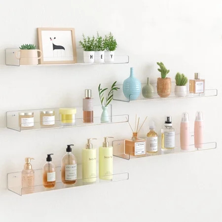 15" Acrylic Floating Shelves Wall Mounted, Upsimples 5pack Clear Acrylic Shelves, for Bedroom, Living Room, Bathroom, Kitchen | Walmart (US)