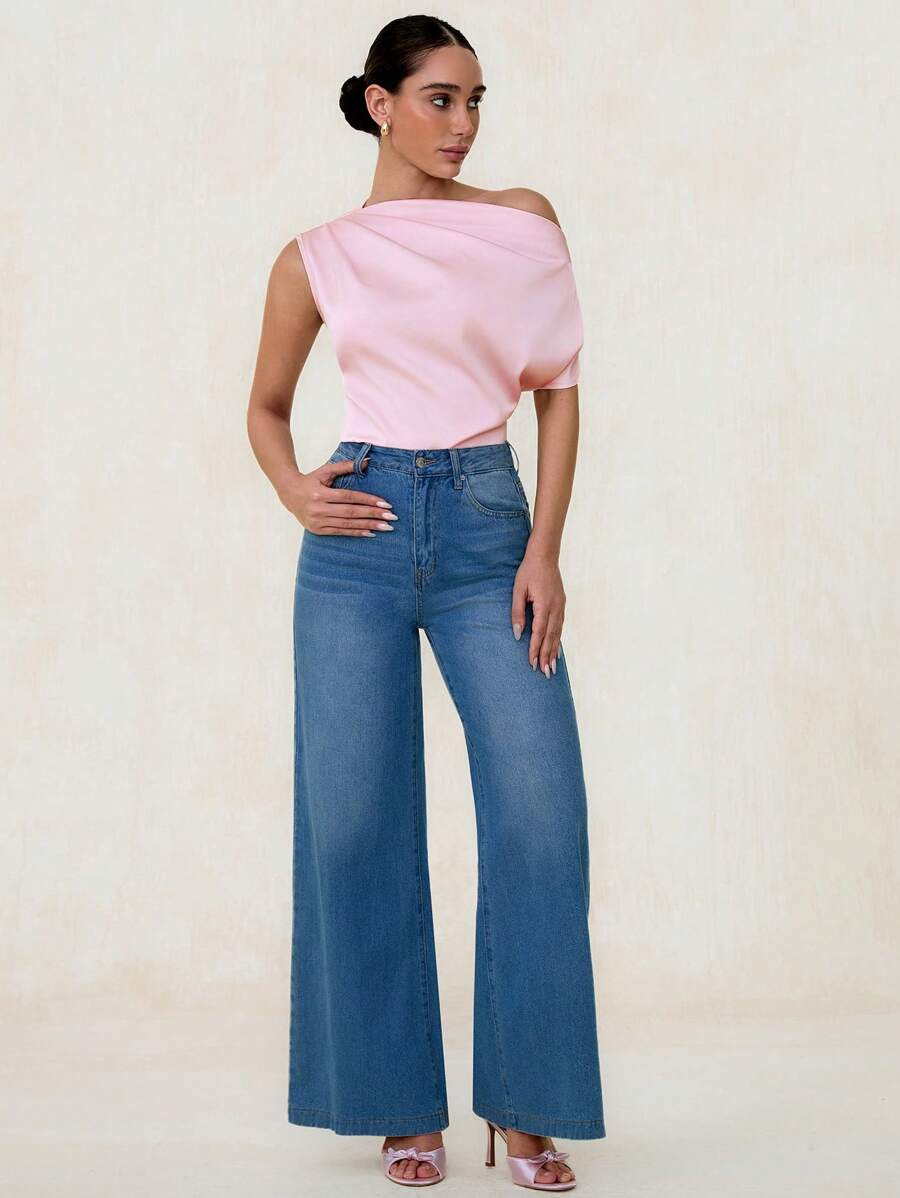 Glamine Women's Satin Asymmetric Ruched Shoulder Blouse, Elegant Casual Loose Fit Spring/Summer O... | SHEIN