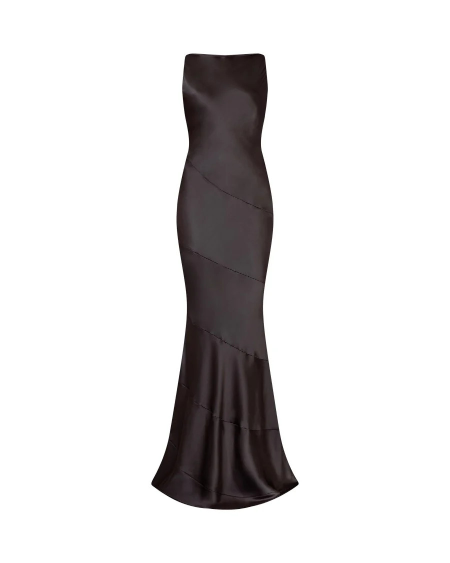 Silk Spiral Evening Dress - Dark Brown | Shop Simon