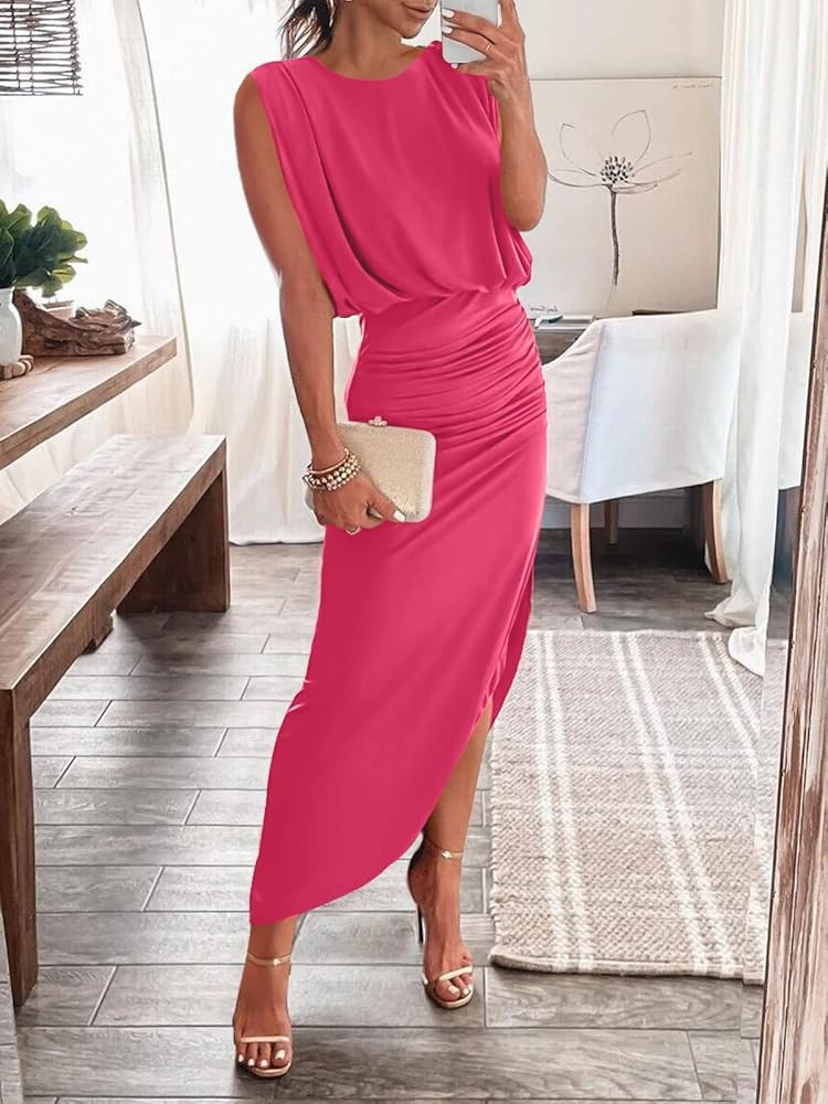 ANRABESS Women 2023 Summer Sleeveless Ruch Bodycon High Waist Asymmetric Slit Cocktail Maxi Dress | Amazon (US)