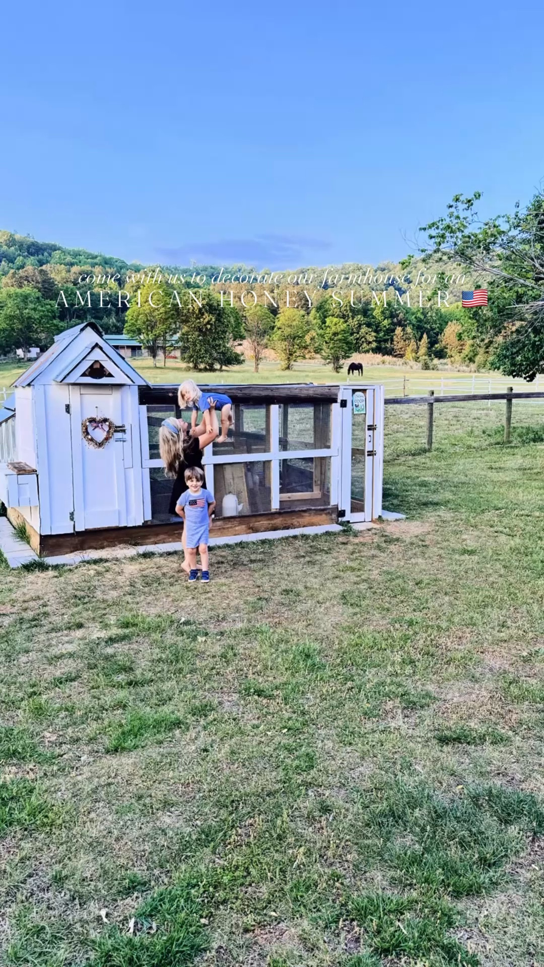 my kind of friday night 🇺🇸🌭🐓🚜🌳❤️🐴🤍🌟💙 #americanhoneysummer #sweetcountrysummer #myfavoritetimeofyear 

My babies and I spent the evening out here decorating our beautiful farmhouse on the hill 🏡 for all things u s a 🇺🇸 (& an “American honey 🍯 summer ☀️!!) while “Dada” was out fertilizing (before all that rain ☔️ they’re calling for this weekend 🙌🏽 - woohoo!! 🥳) and cutting 🚜 the pastures 🌱 on these beautiful 12 acres of heaven!! 🌳 #farmhouseonthehill

Between different items I’ve collected over the years 📦 to the **cutest** new Americana 🇺🇸 decor (loves the @mytexashouse section 👏🏽- highly recommend 🙌🏽) I snagged at @walmart last night 🛒, I am SO happy with how it all came together!! 🤗 As always, I linked 🔗 all of our “country summer” decor over on my LTKit app for y’all to shop there!! 🛍️ From the precious USA 🇺🇸 buntings (on the farmhouse AND the guest house porches 🪑 - just need to decorate the barn 🐴 next 🤭) to the wreaths on the front door 🚪 and chicken 🐓 coop 🪵 to the adorable little flag garland bows 🎀 along the fireplace 🔥… I just love it all so much!! ❤️ Can you tell this is my favorite time of year of all?!? 🥰😍

And then we got to have our very first backyard cookout 🌭 on the back patio 🌾 (on our brand new table 🍽️ and chairs 🪑 - obsessed 😍)- what a dream 💭 come true 🐴 this place is!!! ❤️🤍💙

#LTKHome #LTKmomlife #LTKKids