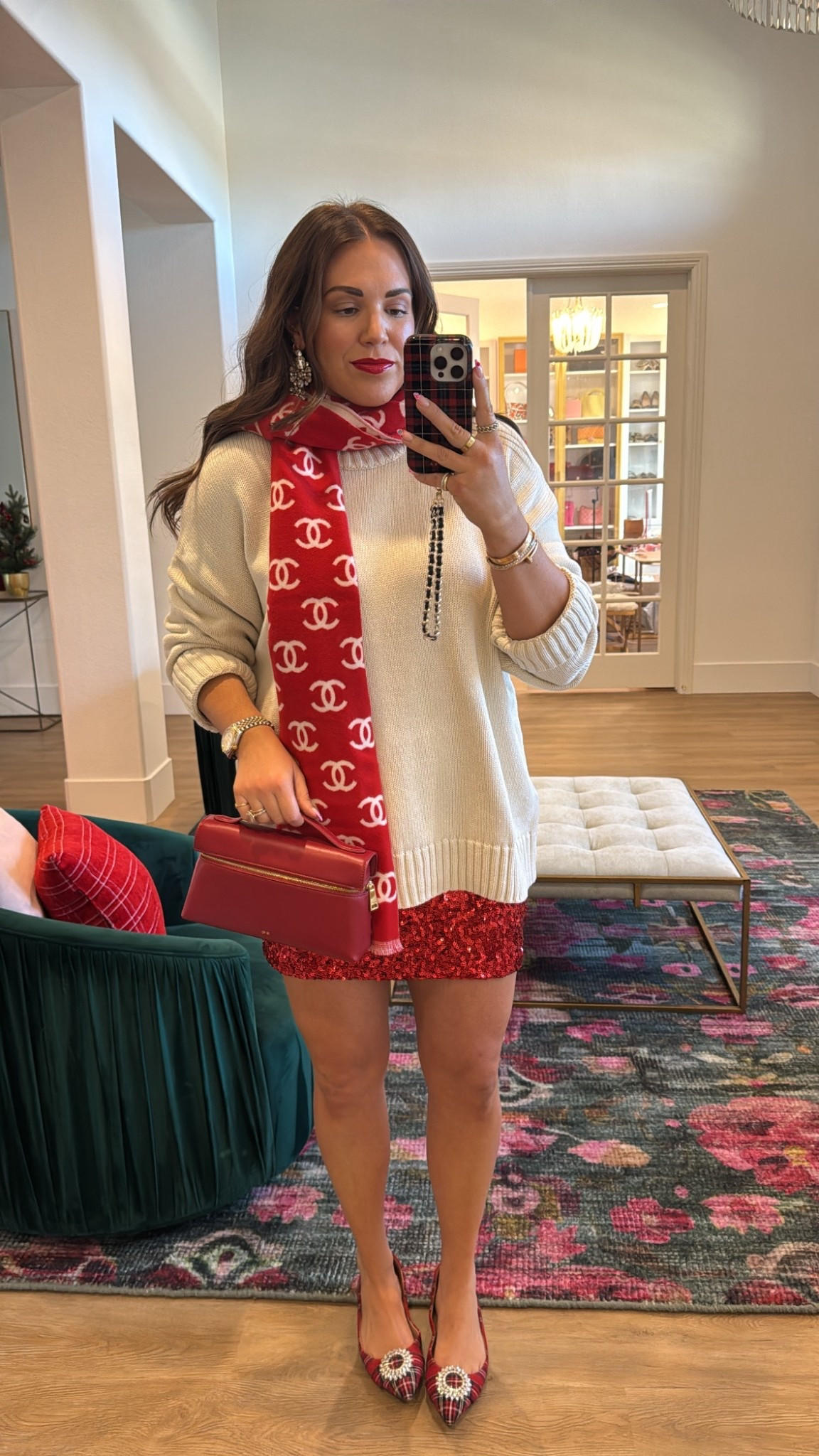 curvy midsize festive fit! day 12! wearing size xl in sweater for an oversized fit and size xl in red sequin skirt (runs small). scarf is Chanel! 

#LTKSeasonal #LTKHoliday #LTKMidsize
