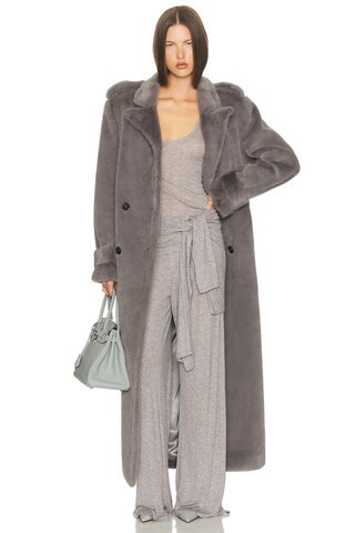 Helsa Faux Fur Long Trench in Grey | FWRD 