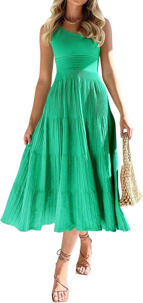 Saodimallsu Womens Sleeveless One Shoulder Knit Dress Elegant Smocked Ruffle Tiered Long Party Mi... | Amazon (US)