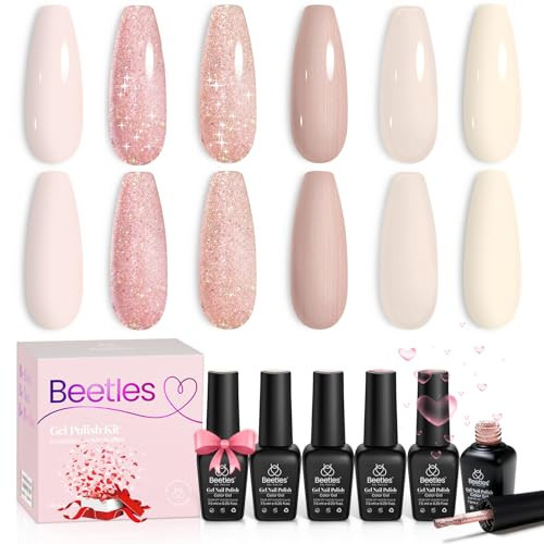 beetles Gel Nail Polish 6 Colors, Pink Champagne Glitter Gel Nail Kit Old Money Collection Nude Pink Cream Color Soak Off UV LED Nail Polish Manicure Kit for Women Girls | Amazon (US)