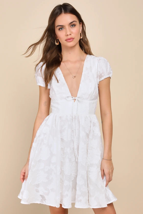 Admirable Spirit Ivory Floral Jacquard Puff Sleeve Mini Dress | Lulus