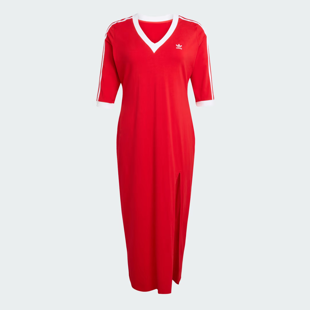 adidas Adicolor Classics 3-Stripes V-Neck Maxi Dress (Plus Size) Better Scarlet 2X Womens | adidas (US)