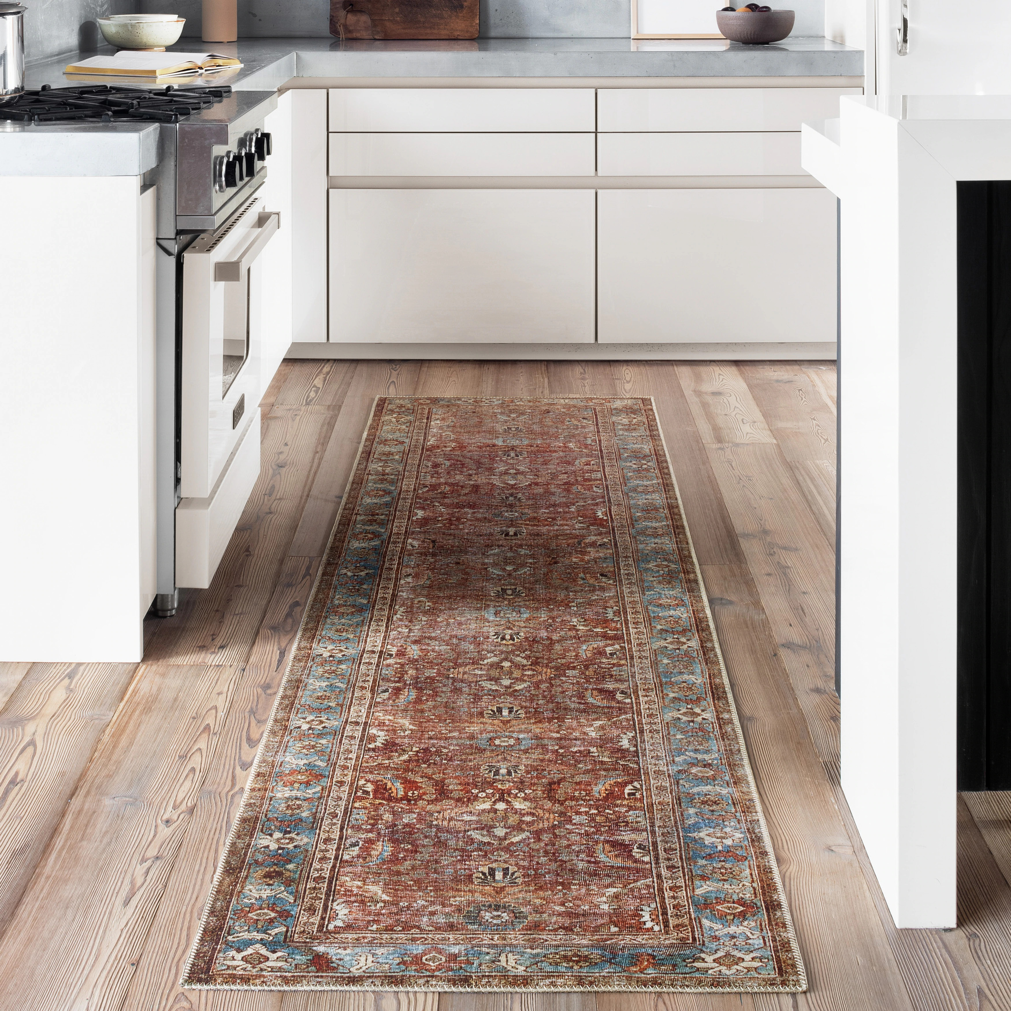 Alexander Home Isabelle Traditional Vintage Border Printed Area Rug - 2'6" x 9'6" - Brick/Blue | Overstock