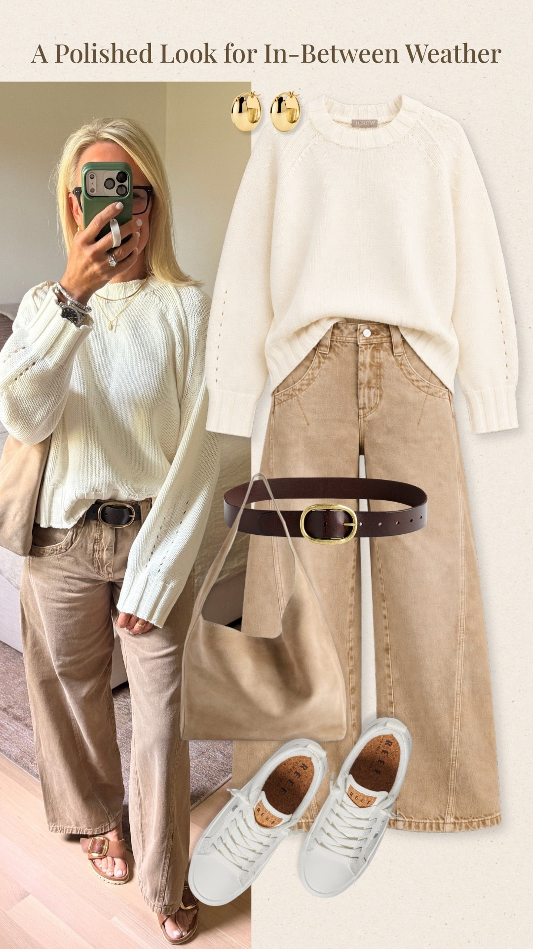A cream knit sweater paired with warm beige jeans is such a lovely combination for those in-between weather days. I love how the soft neutral tones create a polished yet relaxed look. The sandals I’m wearing in the photo are currently out of stock, so I've added an alternative pair of white sneakers to the collage. It's an easy outfit for lunch dates, errands, or a casual day out.

#LTKootd #LTKOver40