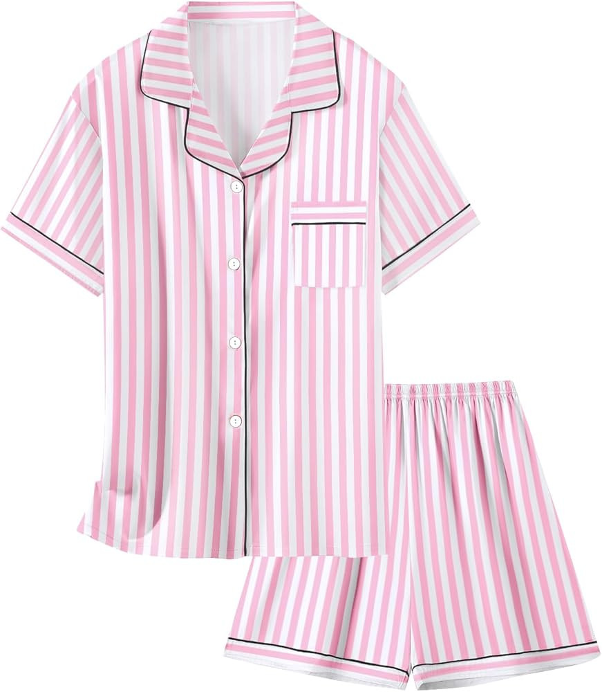 Schbbbta Girls Womens Pajamas, Satin Silky Pjs Set Kids 2Pcs Button-Down Nightwear Sleepwear Gift... | Amazon (US)
