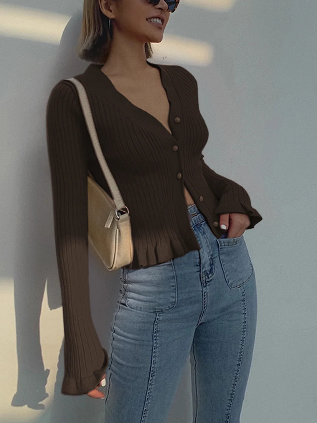 Ruffled Trim Pearl Button Long Sleeve Cardigan | Commense