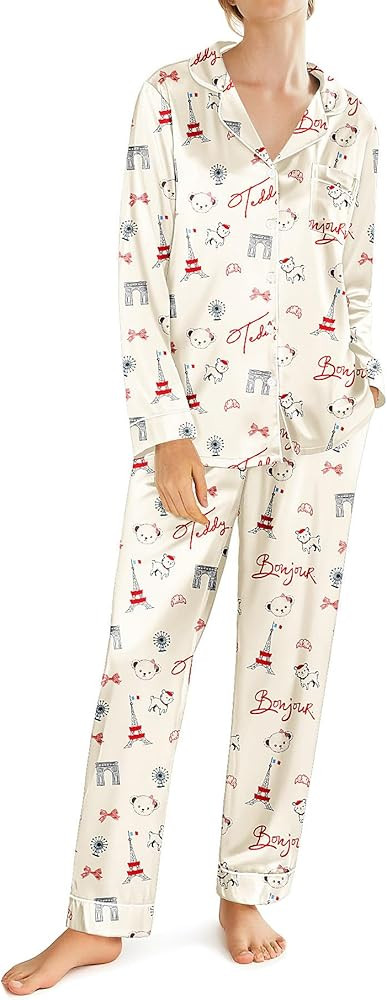 Ekouaer Silk Satin Pajamas for Women Teddy Bear Pjs Set Button Down Long Sleeve Loungewear Cute S... | Amazon (US)