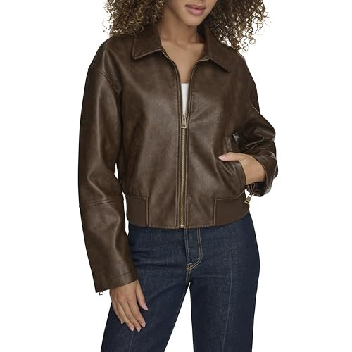 Levi's Women's Faux Leather Bomber with Laydown Collar, Saddle, X-Small | Amazon (US)