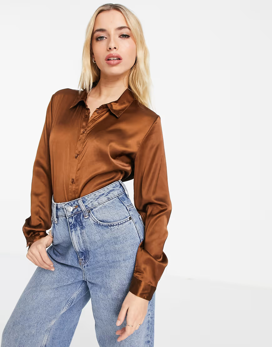 JDY satin shirt in brown | ASOS (Global)