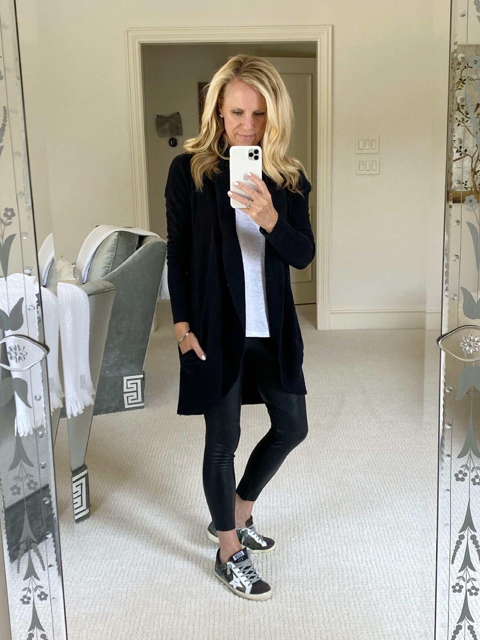 Cozy favorites on a cold day! Favorite loungewear items, barefoot dreamscardigan, sweater, 
best white T-shirt, 
commando, faux leather leggings
Golden Goose sneakers 

#LTKSeasonal #LTKstyletip