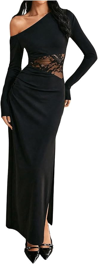 GORGLITTER Women's Lace Asymmetrical Neck Patchwork Maxi Dresses Fall One Shoulder Long Sleeve Ve... | Amazon (US)