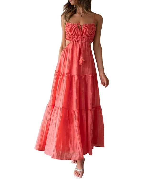 FEORJGP Womens Summer Spaghetti Strap Long Dress Boho Low Cut Dress Backless Bodycon Midi Dress B... | Amazon (US)