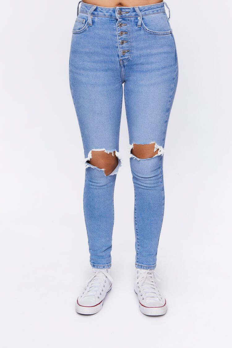 Women's Recycled Cotton Distressed Skinny Jeans in Light Denim, 32 | Forever 21 (US)